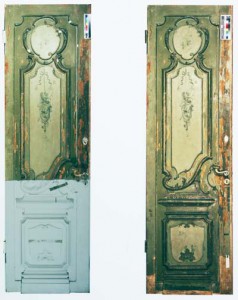 Дверь Зеленой гостиной Музея В.В.Набокова на разных этапах реставрационных работ